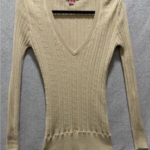 Max Rave Beige Gold Shimmer Longsleeve V-Neck Knit Y2K Sweater Medium